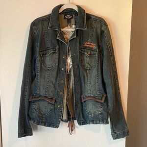 Harley Davidson Denim Jacket Women’s Large Tall With Embroidered Detail